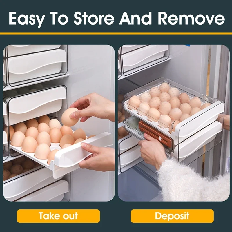 Egg Organizer for Refrigerator with Time Scale Stackable 2-Layer Egg Drawer Clear Egg Storage Holder Large Capacity