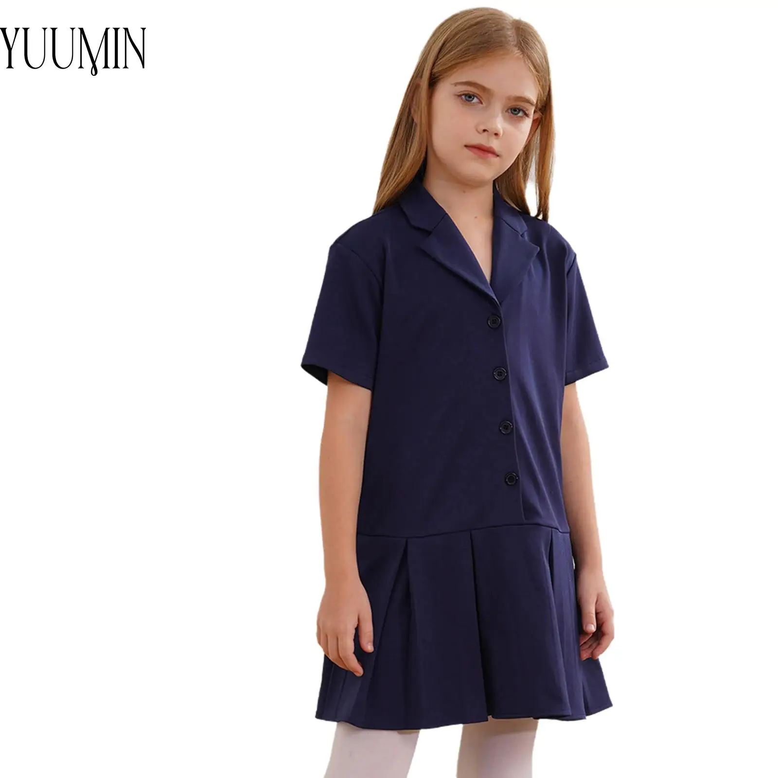 Uniforme scolaire pour filles, robes pour spectacle de danse, robe plissée boutonnée, col cranté, manches courtes, documents solides décontractés, enfants