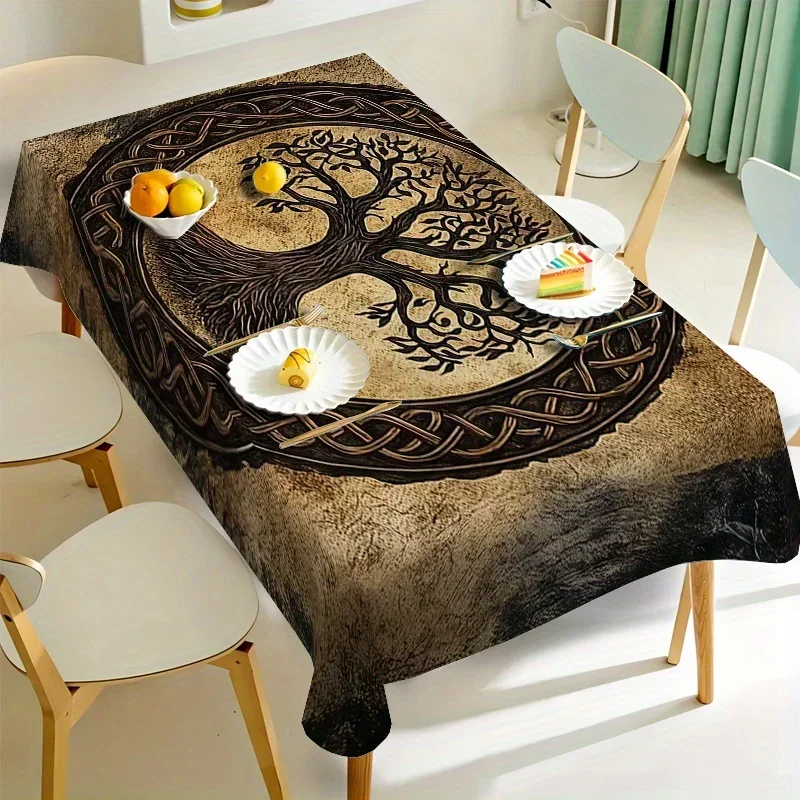 1pc Bohemian Geometric Floral Print Tablecloth - Elegant Dark Brown with Intricate Tree & Leaf Design, Polyester Rectangular