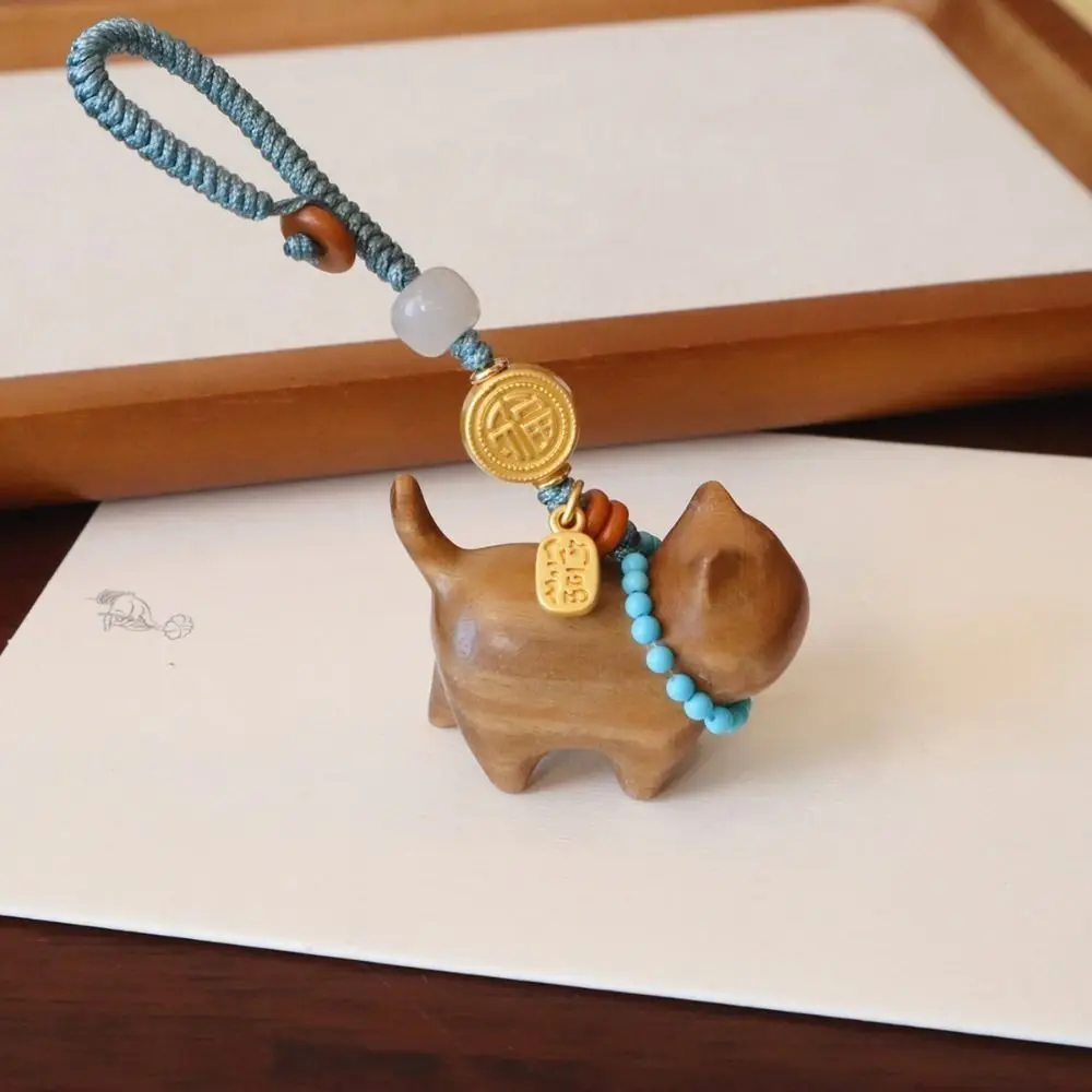 Carved Sandalwood Lucky Cat Keychain Anti-lost Fastener Wood Texture Fortune Cat Pendant Hand-finished Details Woven Lanyard