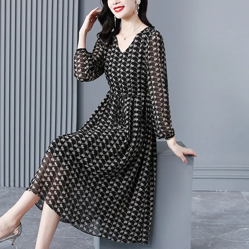 Female Clothing Elegant V-Neck Dresses Stylish Broken Flowers A-Line Waist Drawstring 2024 Spring Autumn Long Sleeve Midi Dress