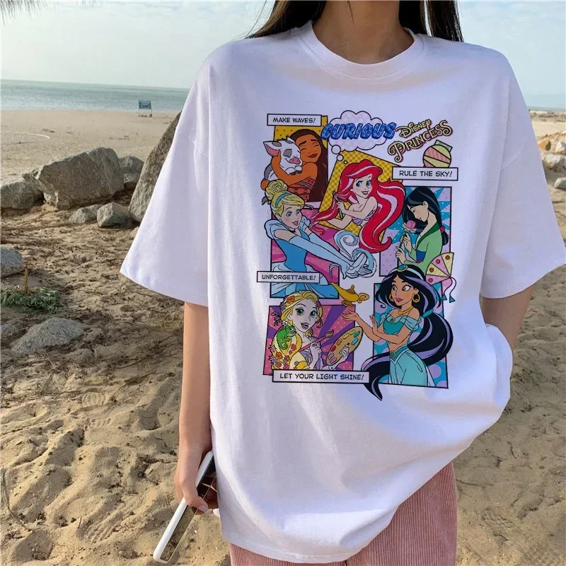 Harajuku Ariel Princess Mermaid Cartoon Printed Women T-shirts Streetwear Casual Loose Fashion Short Sleeve Top Tees