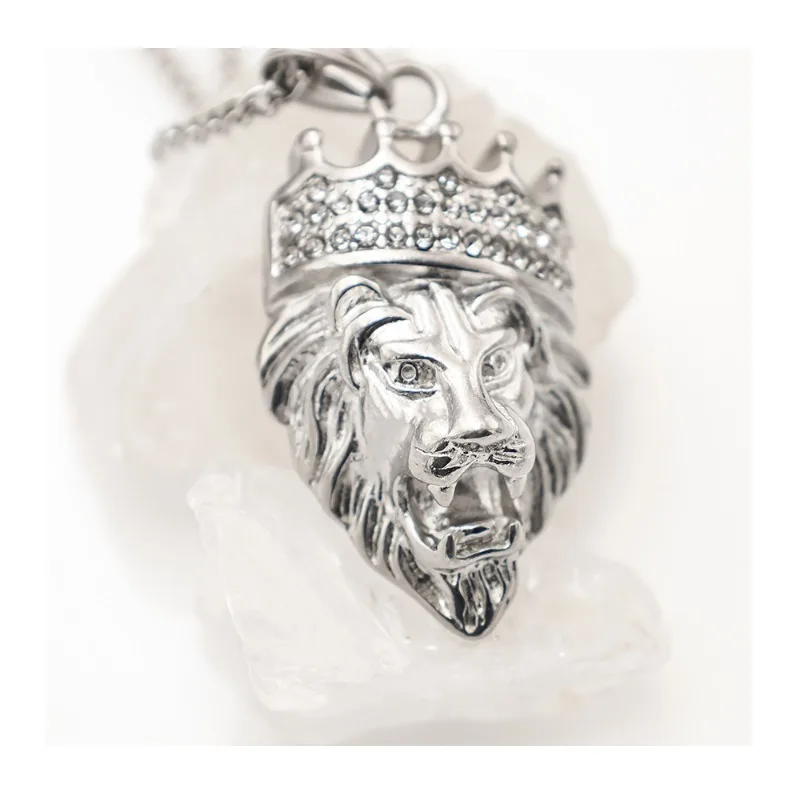 

Vintage Titanium Steel Crown Lion Head Men's Necklace Domineering Punk Style Pendant Neck Chain