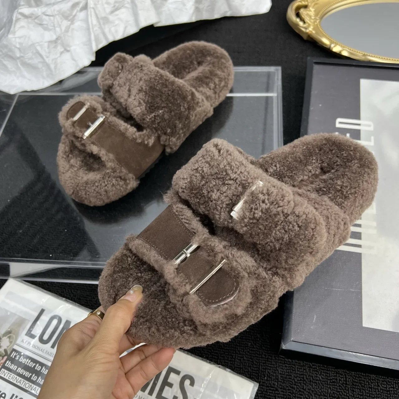 Fur Flats Platform Women Slippers Fashion Plush Cotton Shoes Winter 2024 Trend Designer Casual Thick Cozy Woman