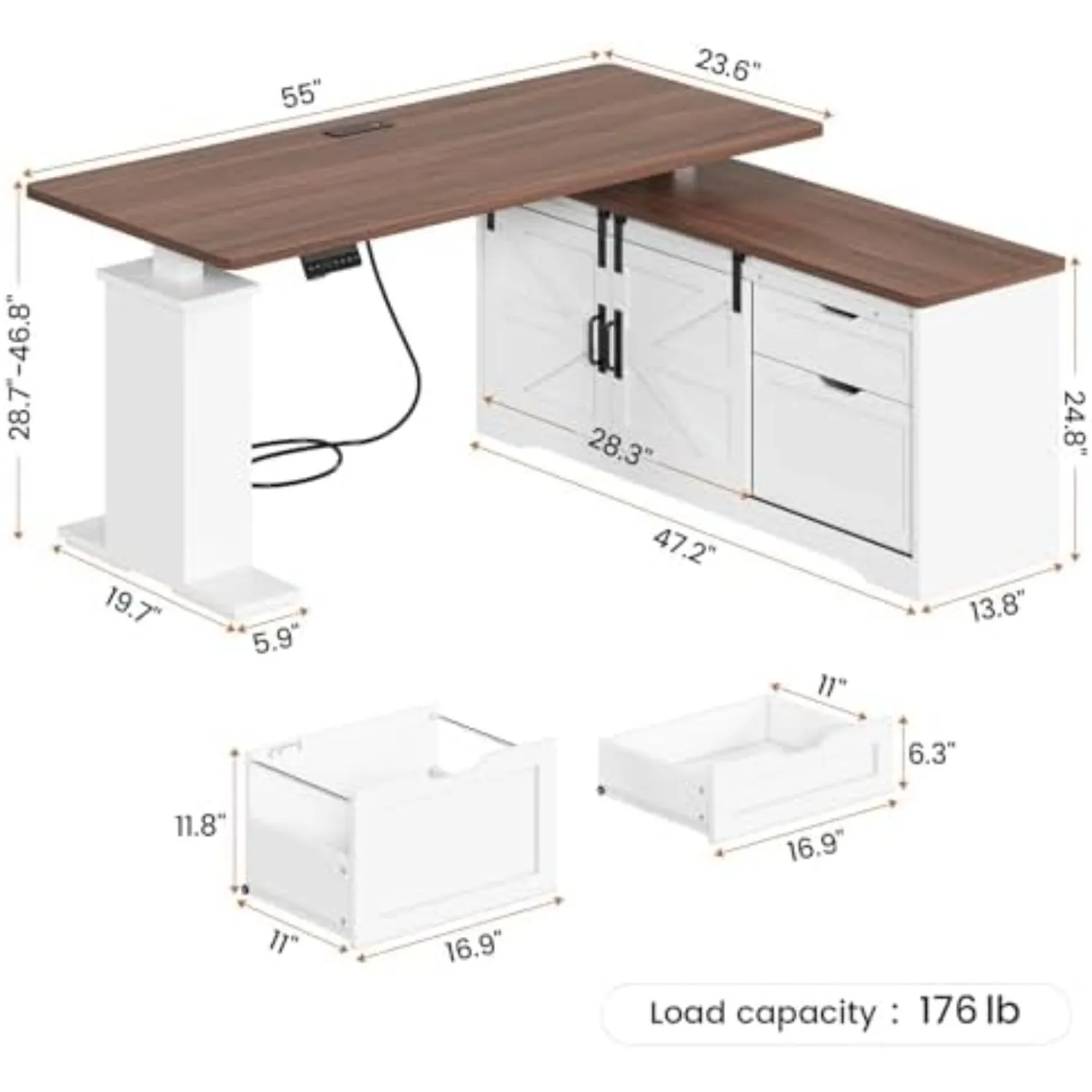 Farmhouse L Shaped Standing Desk, 55 inch Height Adjustable Corner Desk with Storage Drawers, Standing Computer Desks