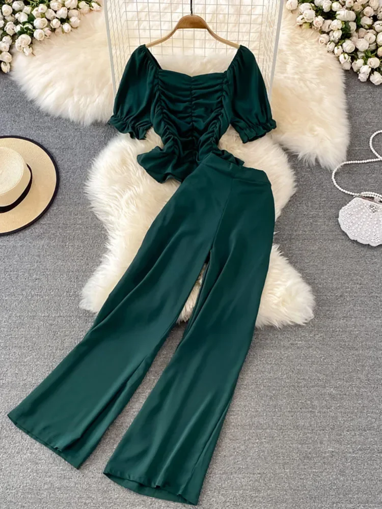 Women Summer Fashion Casual Pants, High Waist Drape Wide Leg Pants, Square Collar Short Slim Blouse Two-piece Suit Female D0544