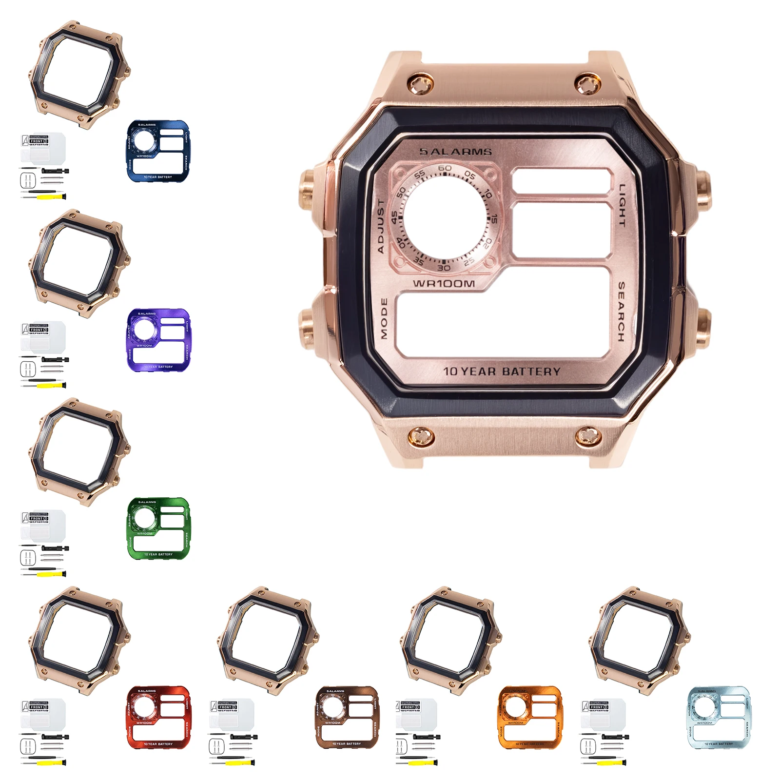 Durable 316L SS Royale Mod Black Bezel Rose Gold Case Dial For Casio AE1300 AE1200 Metal  Case Faceplate K1 Mineral Parts Set view 5