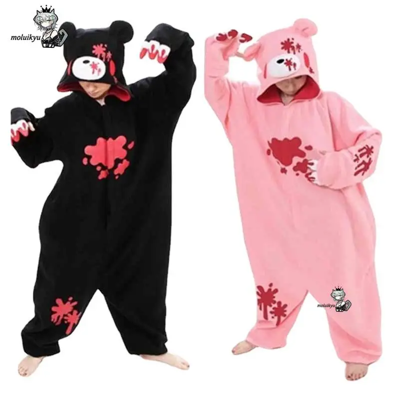 Gloomy Bear Blood Print Onesie Pajamas Fleece Warm Unisex Adult Cartoon Cosplay Costume Halloween Jumpsuit Sleepwear Couple Gift