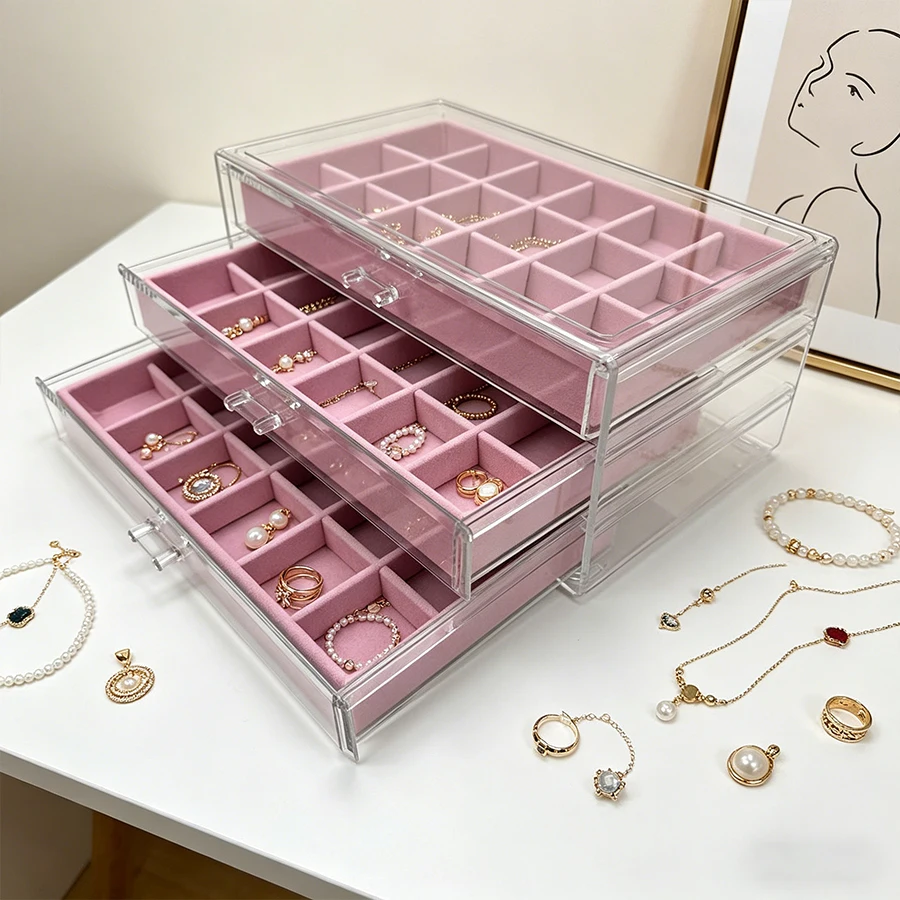 

3-layer pink velvet jewelry box 18+18+18 jewelry storage velvet jewelry box, for storing jewelry such as rings, earrings and nec
