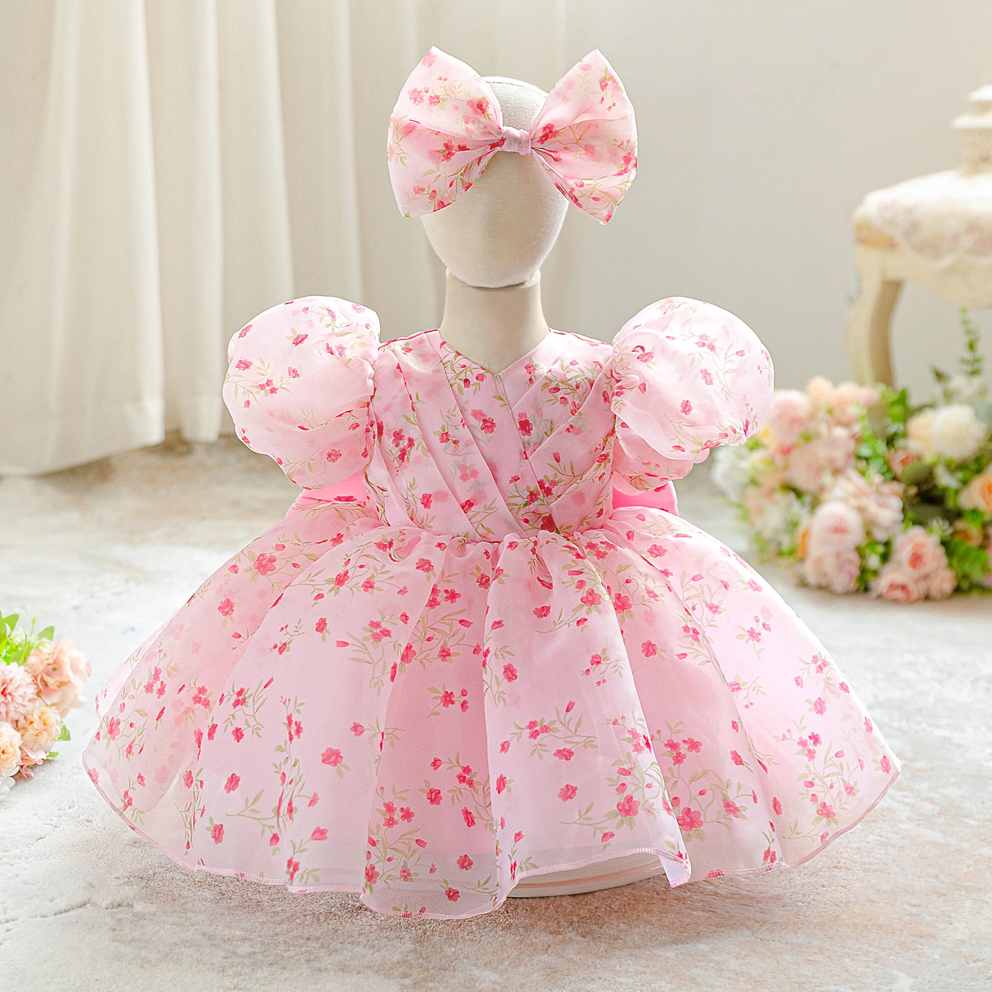 2pcs Toddler Flower Party Baby Girls Dress Elegant Pink Wedding Princess Prom Gown Baby Bridesmaids 1 Yrs Birthday Tutu Dresses
