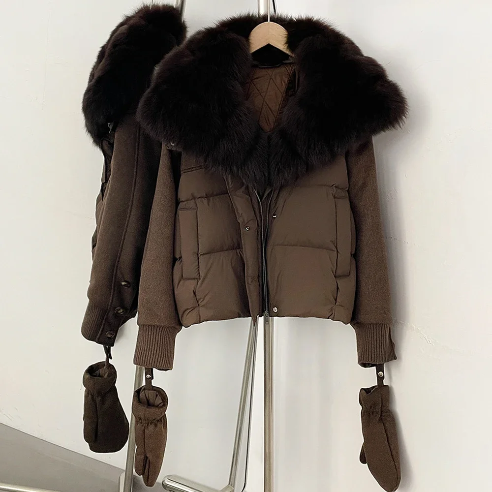 OFTBUY Echter Fuchspelzkragen Daunenjacke mit Abnehmbaren Handschuhen Neue Winterkleidung Damen Patchwork Weiße Entendaunen Kurze Jacke – Detail 8