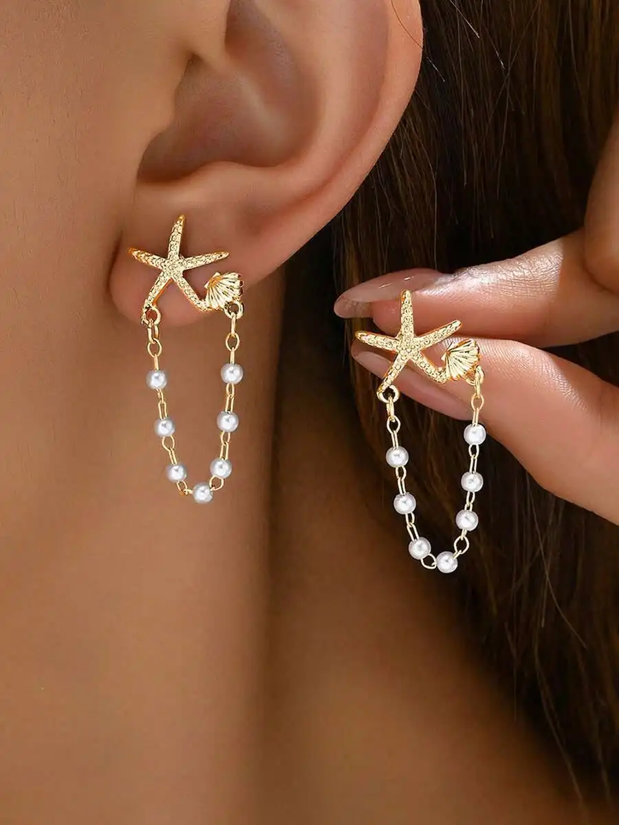 

1 Pair Delicate Women Earrings With Random Pearl, Shell & Star Design,Unique Earrings Suitable For Party, Gifts, Everyday Wear