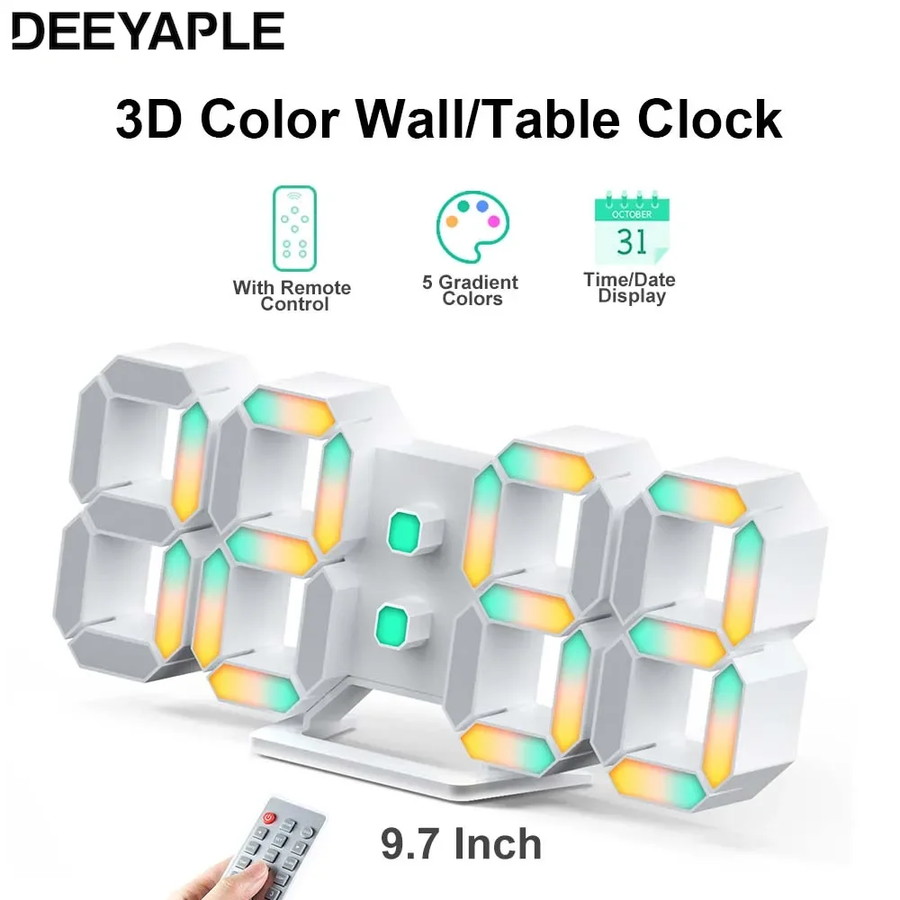 Deeyaple 3D LED Wall Clock Alarm Clock Table Clock 7 Color Time Date Display Digital Clock With Remote Control Livingroom Office