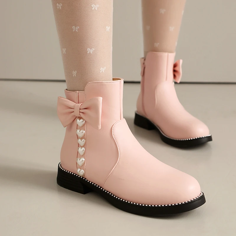 Lolita Sweet New Autumn Girls Booties Casual Low-heels Short Boots Women Side Zipper Bow Botas Mujer Shoes Size 33-43 Pink White