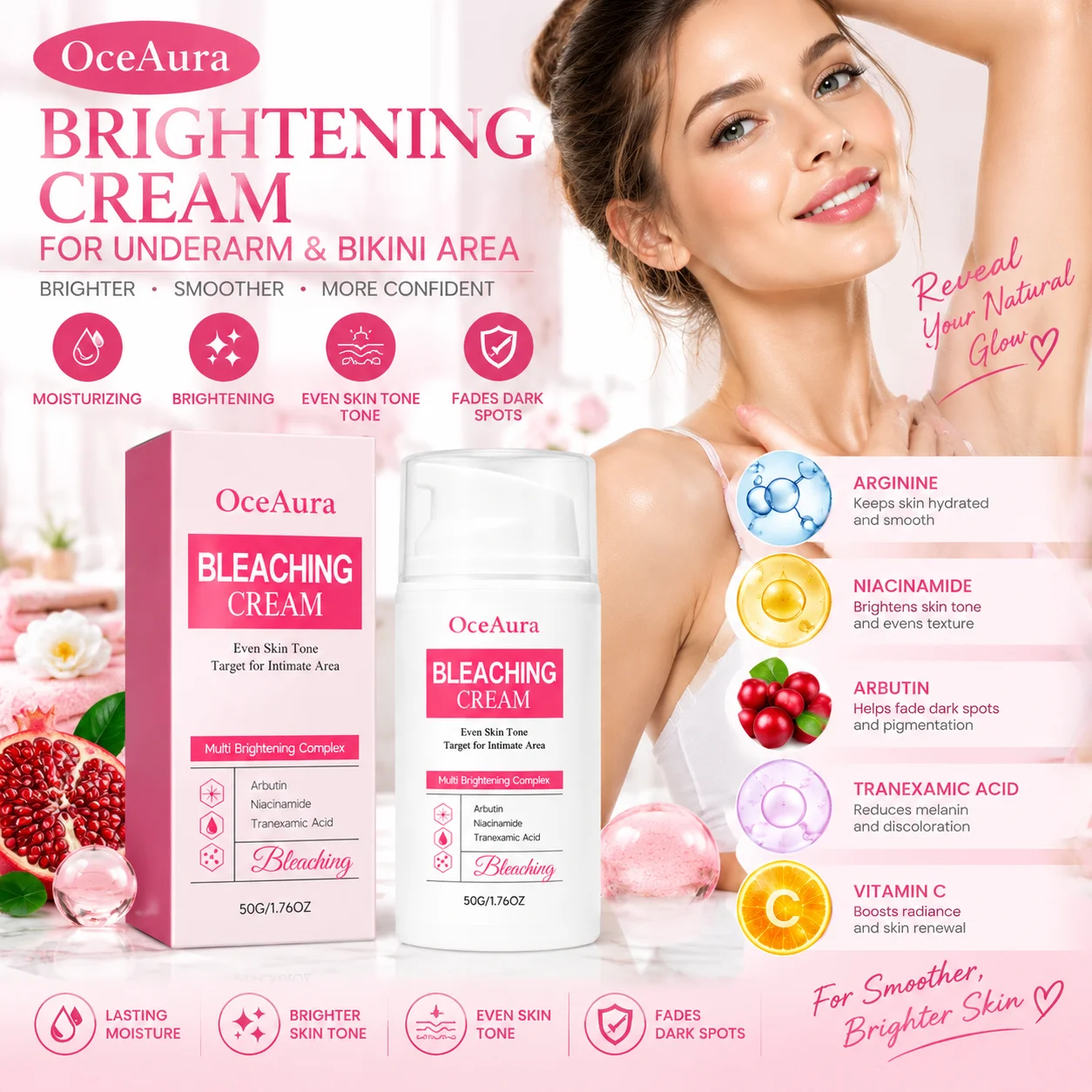 Intimate Area Lightener Underarm Knee Inner Thigh Niacinamide Arbutin Tranexamic Acid Skin Lightening Cream Bleaching Cream 50g
