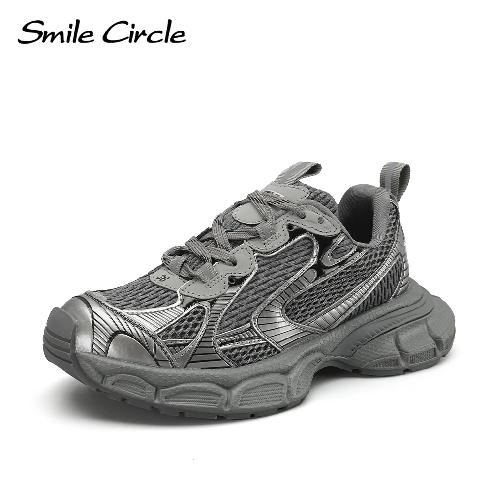 Smile Circle Sneakers Women Mesh Lace Up Flat Platform Shoes Breathable Thick Bottom Casual Sneakers