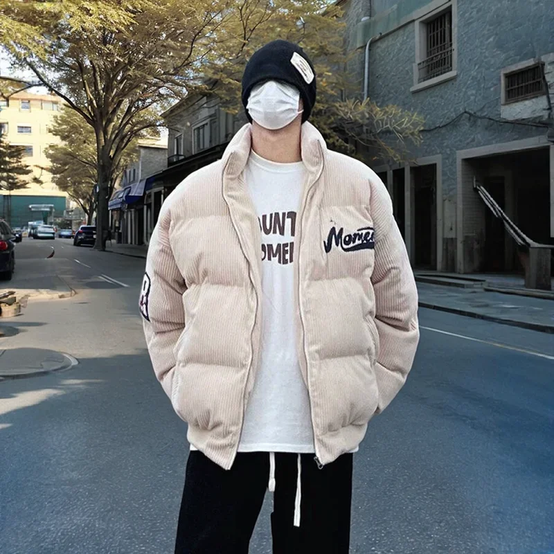 

Vintage Corduroy Winter Parkas Cotton-padded Jacket Men Embroidery Stand Collar Loose Coats Trendy Brand Jackets For Men Couples