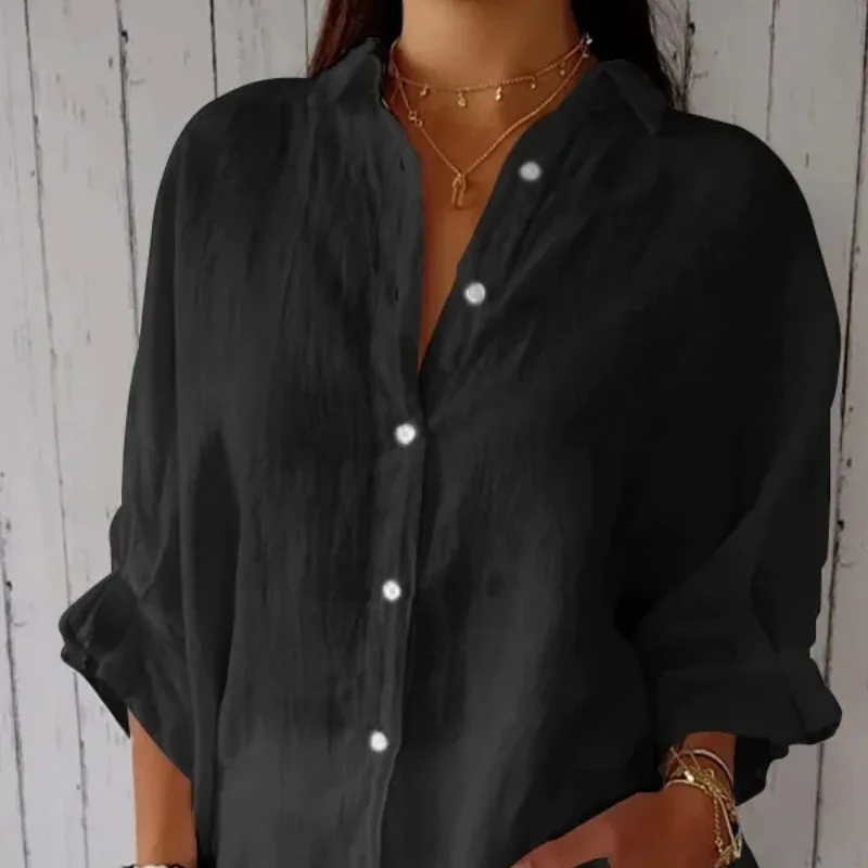2024 Spring Women's New Turndown Collar Spliced Button Fashion Solid Color Cotton Linen Back Lacing Casual Long Sleeved Shirt