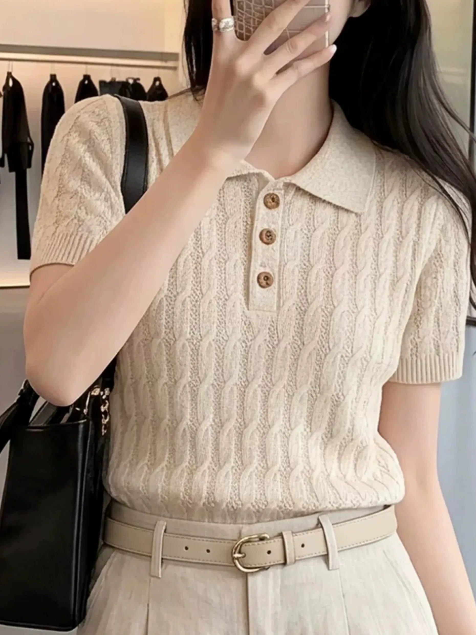 Chic Short Sleeve  Neck Knitted T-Shirt Women's Anti-Aging Top Dongda Gate New Style Korean Version Slim Fit Soft Viscose