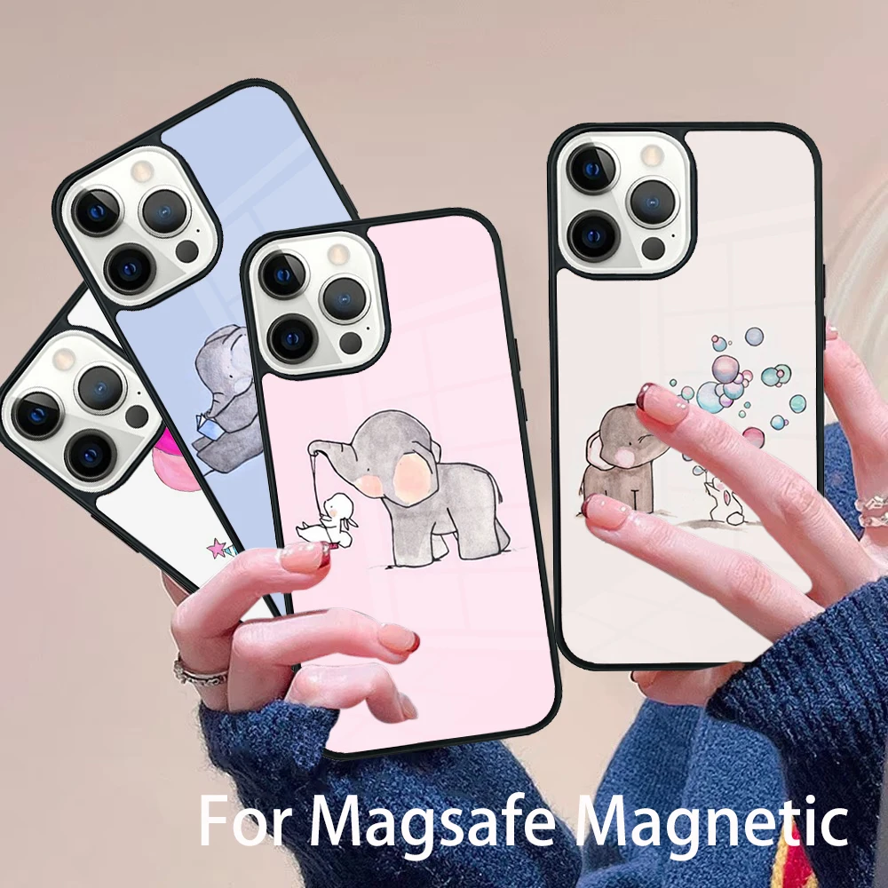 

Cute elephant Phone Case Magesafe Magnetic Wireless Charge Cover For IPhone 16 11 12 13 14 15 Pro Max Plus Mini