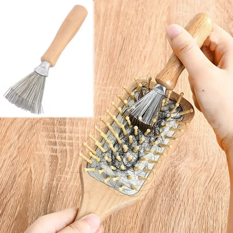 

1pc Hair Brush Cleaner Mini Dirt Remover Home Travel Salon Rake with Metal Wire Portable Comb Brush Wooden Handle Cleaning Tools