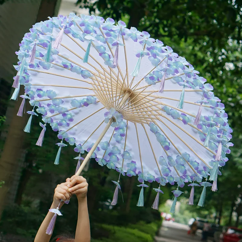 Hanfu Cosplay Animation Tassel Petal Hanfu Beach Umbrella Props Blue Purple Flower Umbrella Parasol Paraguas Inverso