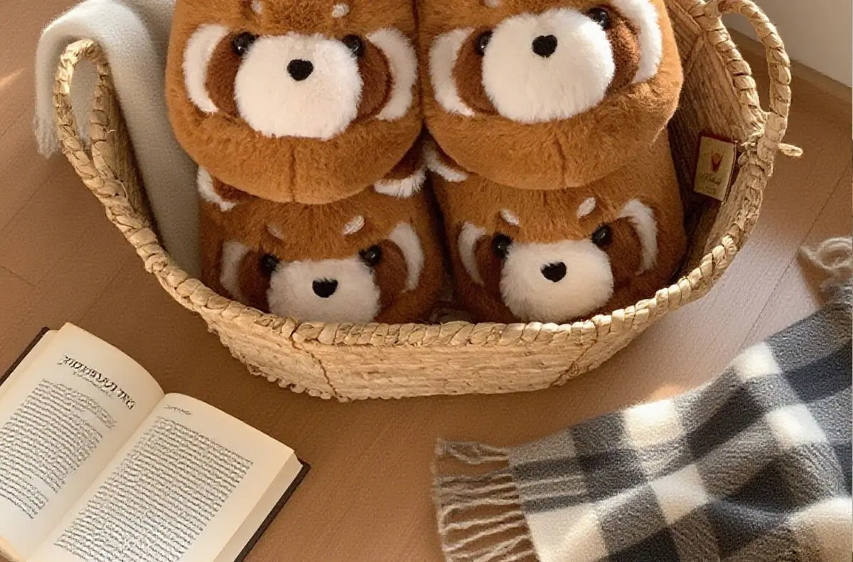 Niedliche braune Waschbär-Hausschuhe für Damen und Herren, große Größen, Tierfell-Slipper, flauschige Hausschuhe für Paare. – Detail 4