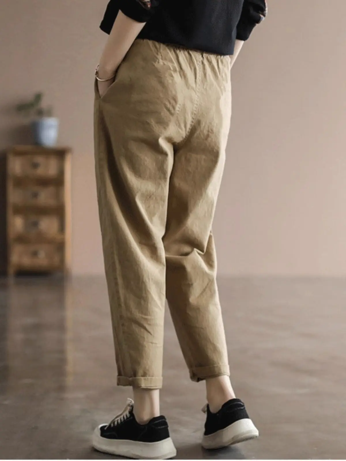 Retro Pure Cotton Harlan Pants Women's Spring Autumn Loose Slim Mom Style Carrot Pants New Chinese Artistic Casual Long Pants