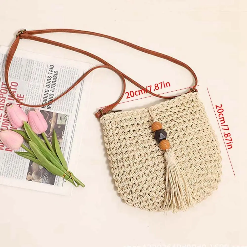 Simples couro do plutônio ráfia saco borlas grânulo de madeira tecer palha crossbody bolsa de ombro praia bolsas borlas saco de praia viagem