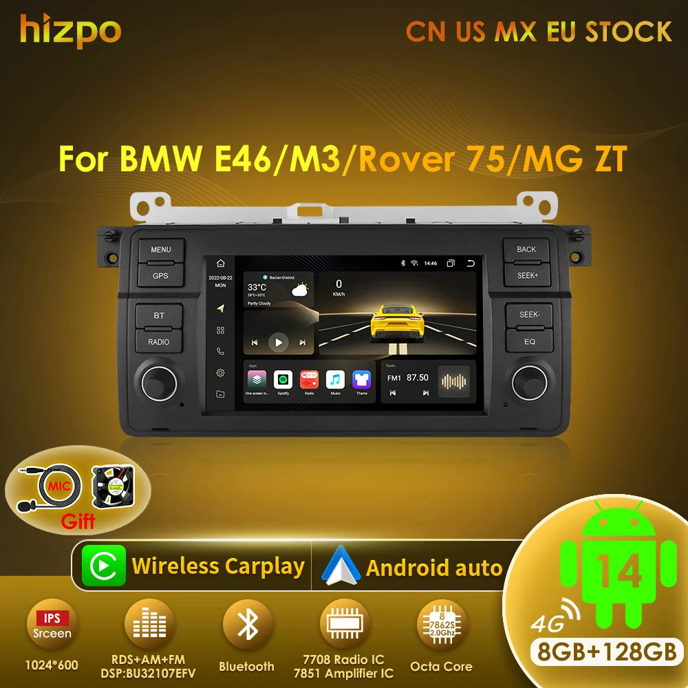 Hizpo 8 Core Android 14 Car Multimedia Radio For BMW E46 M3 Rover 75 Coupe 318/320/325/330/335 GPS CarPlay AUTO 4G Navigation