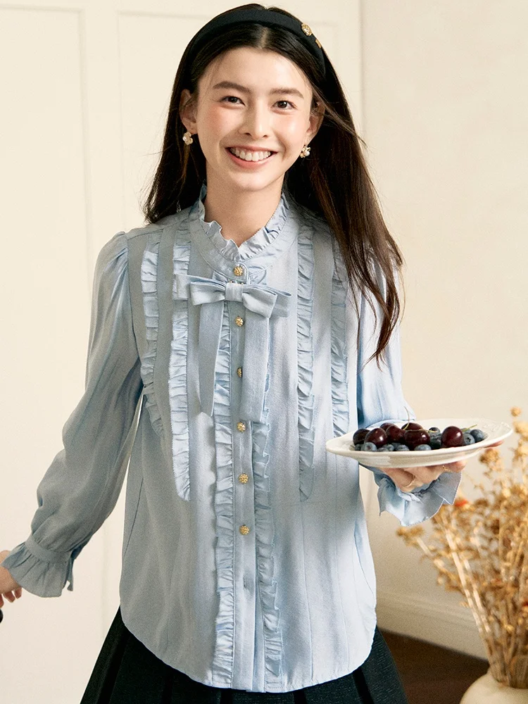 

Blue Long Sve Women's irt Design Sense Knot Miu Series Aunt Deer Uncle irt Lady Commuter Sle Straight Cut