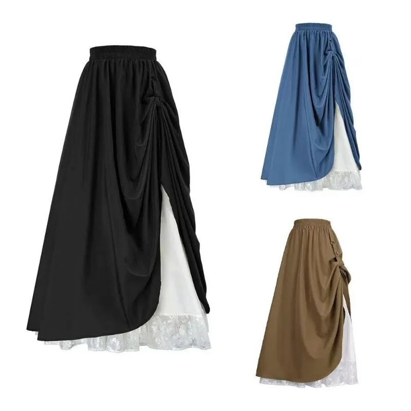 

Retro Double-layer Spring and Autumn Blue Half Skirt, High Waisted Renaissance Elastic Long Skirt, New Solid Color Skirt