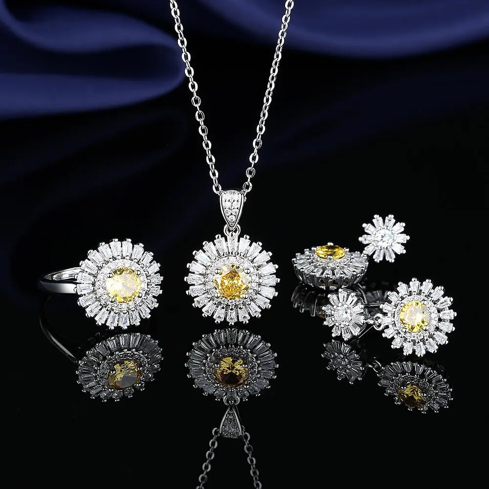 طقم مجوهرات لامعة من الفضة الإسترليني عيار 925 عباد الشمس مليئة بالزركون مجوهرات فاخرة وخفيفة أنيقة #1