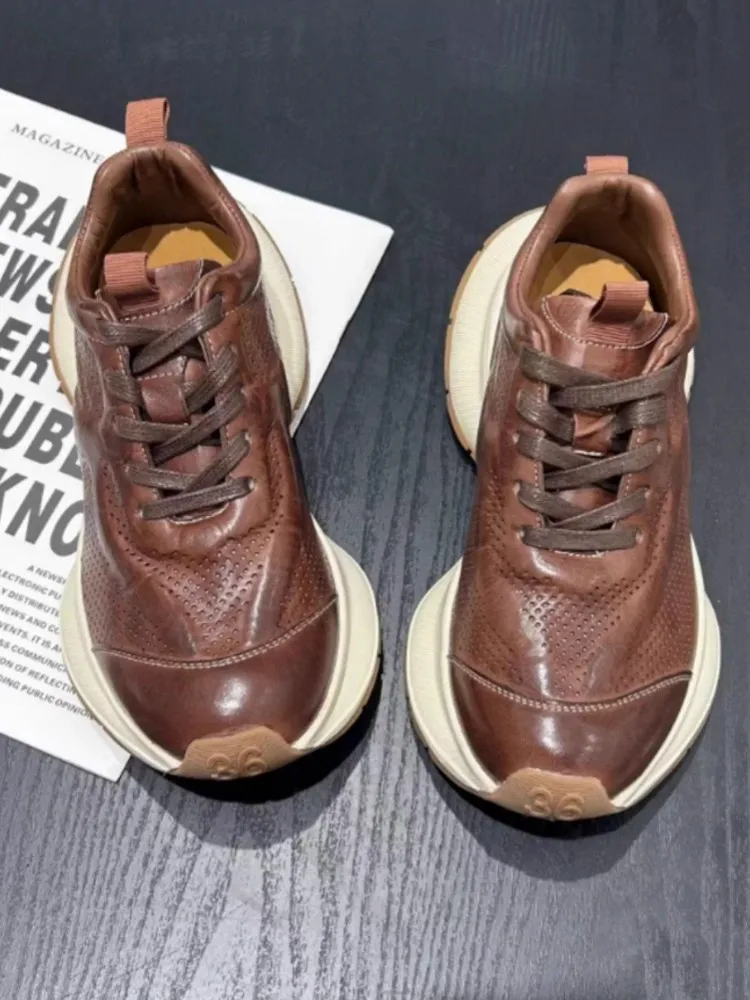 Fashion Women Thick Platform Genuine Leather Shoes Lace Up Casual Joggers Sneakers Trainers Low Cut Vintage Light Weight Pumps