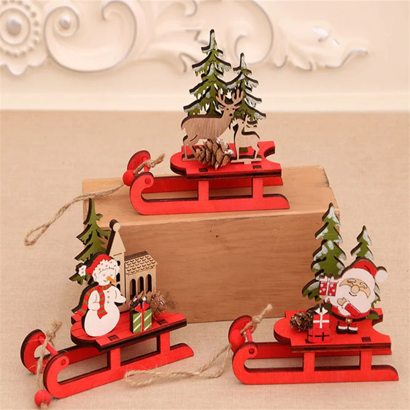 Wooden Sled Christmas Ornaments/XMAS Home Wood Decoration/Cartoon Old Man Snowman Elk Christmas Assembled Decor/DIY House