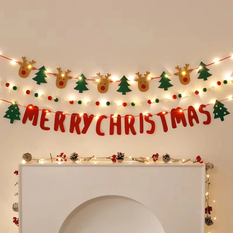 DIY Handmade Led String Light Decorated Merry Christmas Holiday Hanging Home Room Background Pull Flag Banner Christmas Pendant