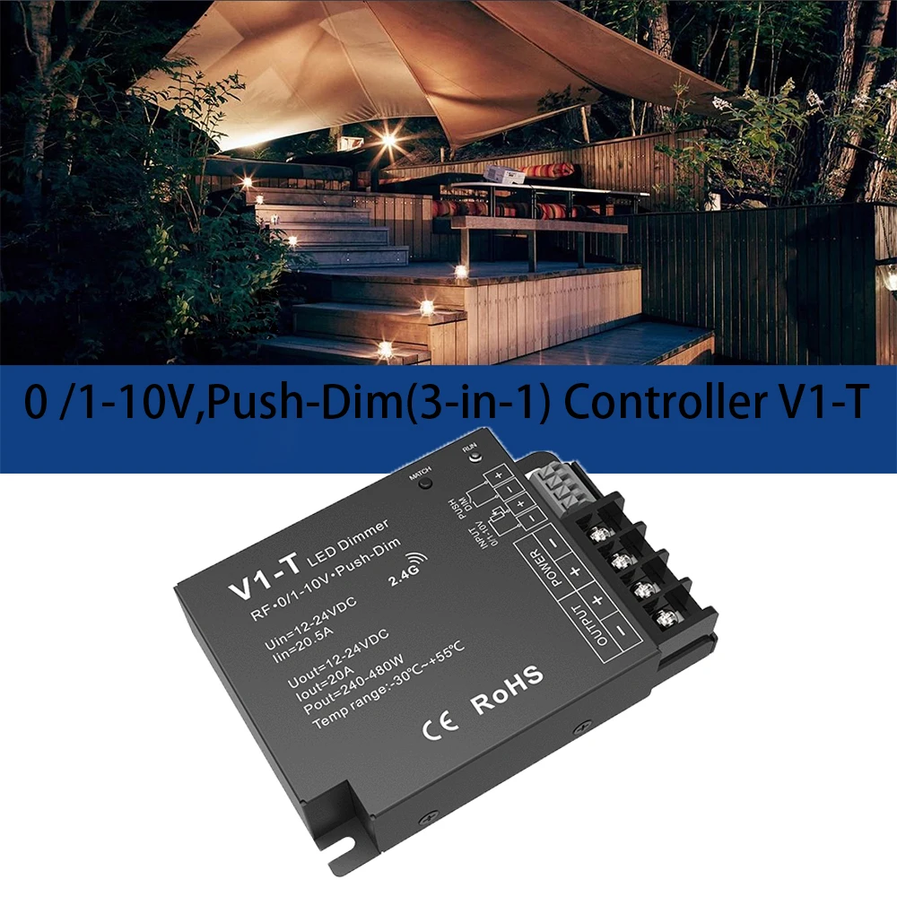 DC12-24V V1-T 20A*1CH CV RF /1-10V/Push-Dim 3in1 Dimming Controller Auto-transmitting/Synchronize For Single color light strip