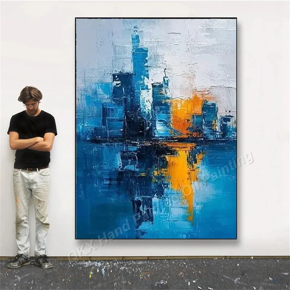 Hand-Painted Cityscape Oil Painting with Palette Knife Thick Texture Blue Building Reflection Modern Abstract Urban Canvas Art