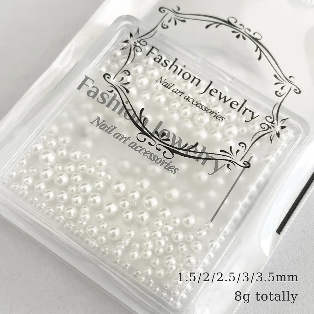 -Mix de perlas- Decoraciones de uñas de perlas de alto brillo mezclado 1,5/2/2,5/3/3,5mm brillo perla de resina accesorios de uñas 3D blancos 404