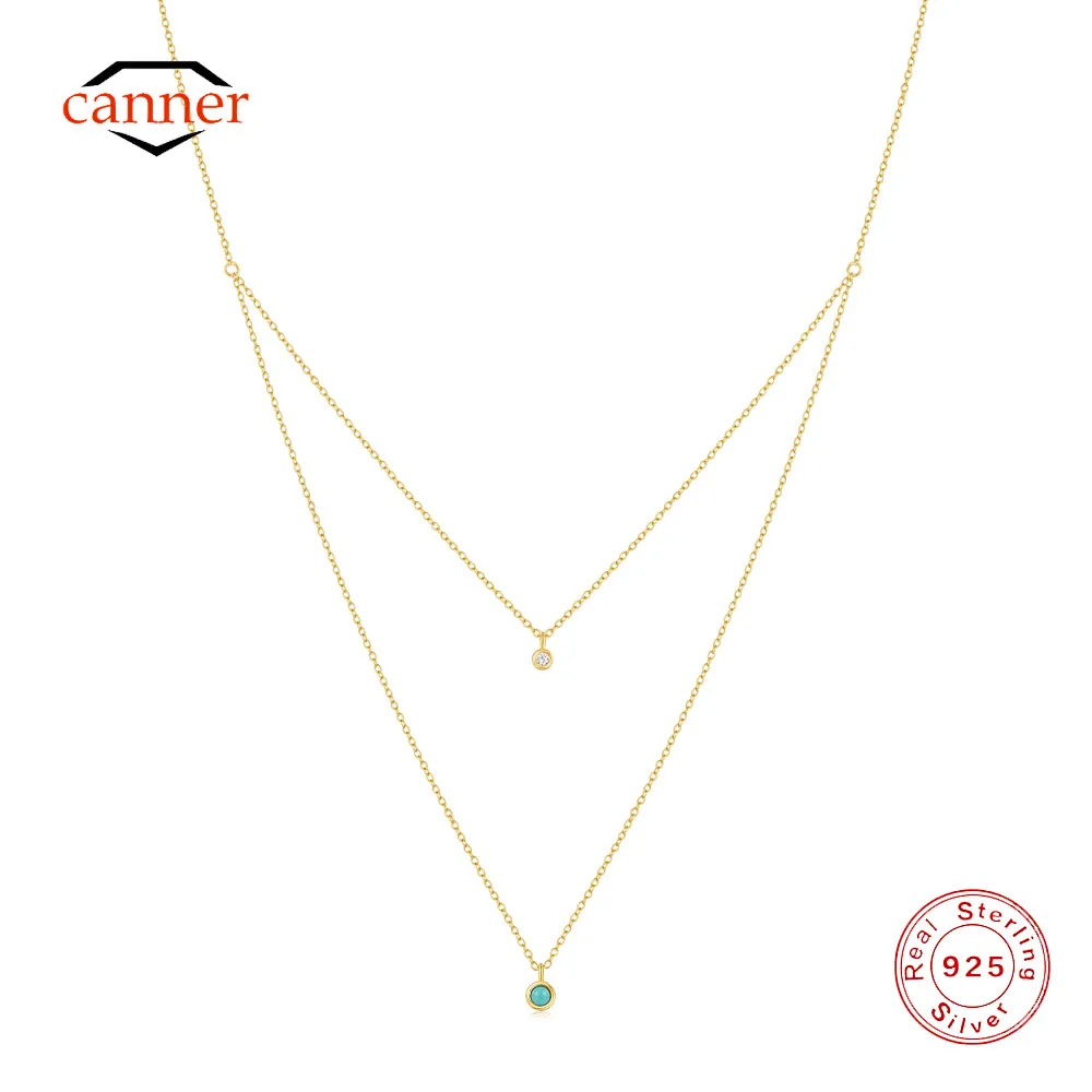 

CANNER 925 Sterling Silver Turquoise Pendant Double Layer Necklace For Women 18K Gold Simple Ins Necklace Fine Jewelry Gift