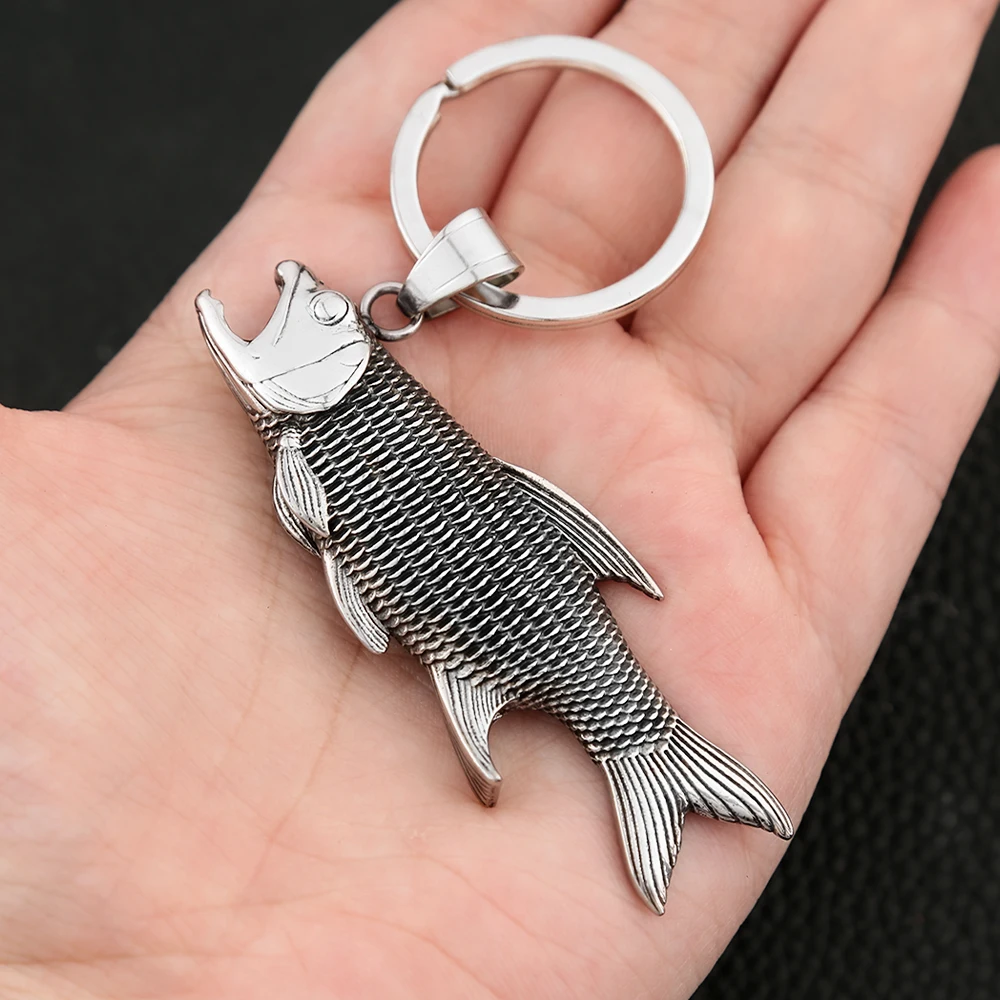 Fashion Punk Fish Keychain Stainless Steel Silver Color Antique Metal Clasp Keyring Car Key Accessories Charm Jewelry Wholesale