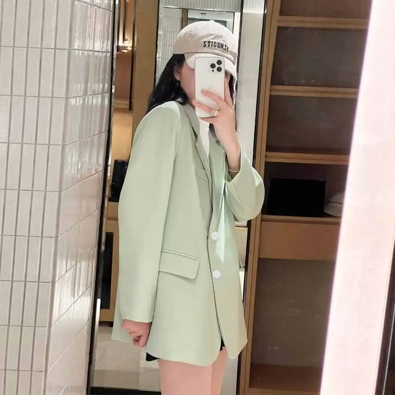 Matcha Green Fresh All-in-one Autumn Slimming Long Sleeve Top Coat Women's Clothing Casual Loose Single Breasted Women's Suit