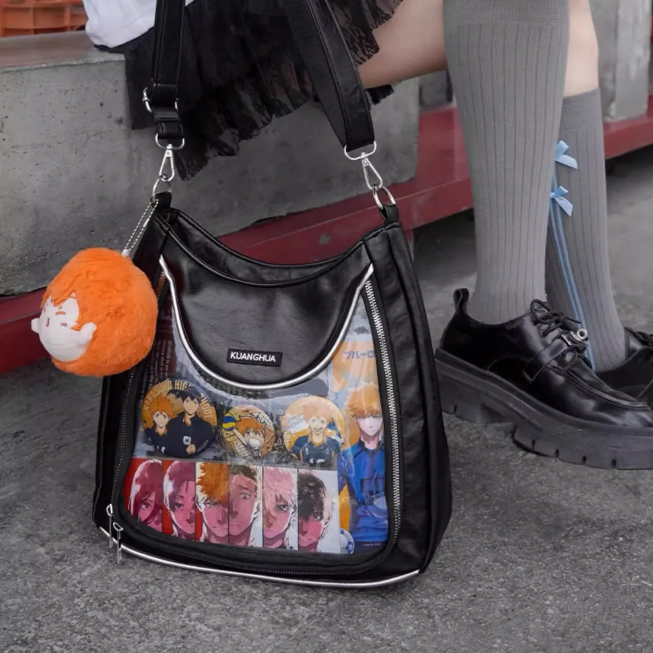 Large Capacity Black Bag Waterproof Ita Bag Transparent Window 20cm Doll Badge Display Shoulder Bags for Women Daily Commute