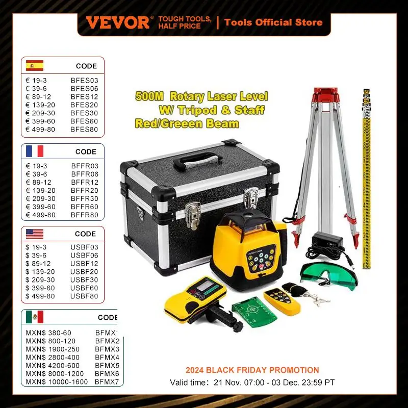 VEVOR Kit Niveau Laser Rotatif 360 Degrés Trépied Nivellement Automatique 500 m Outil de Mesure à