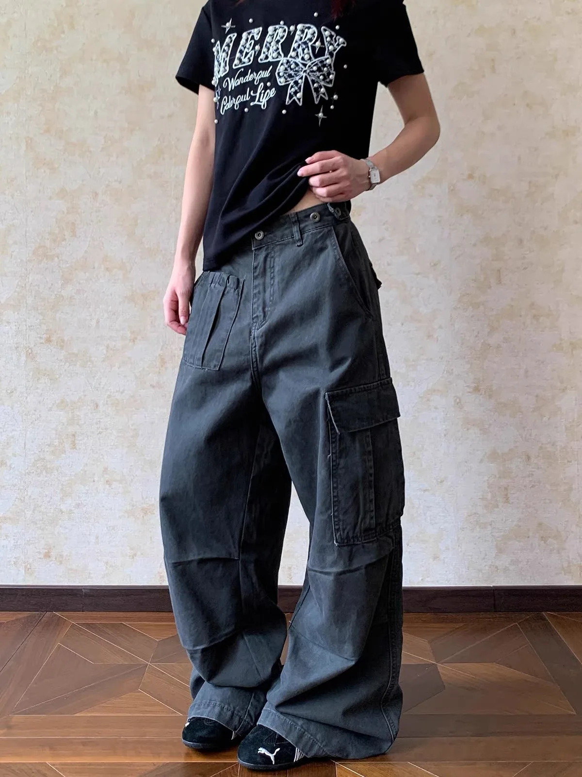 

Американские широкие рабочие брюки с широкими штанинами в стиле ретро, свободные повседневные прямые длинные брюки для мужчин и женщин, винтажные повседневные брюки Multi ket