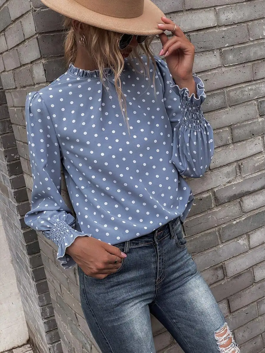 

Women's Blue Polka Dot Long Sleeve Blouse with Ruffled Cuff and Stand Collar