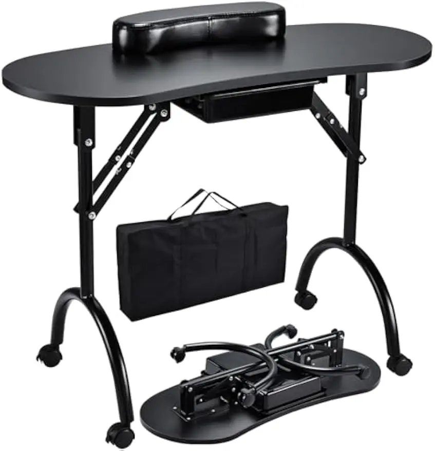 Nail Tech Manicure Station Foldable Portable Work Desk Lockable Wheels Drawer Wrist Pad Carrying Bag Travel Spa Black---Charac