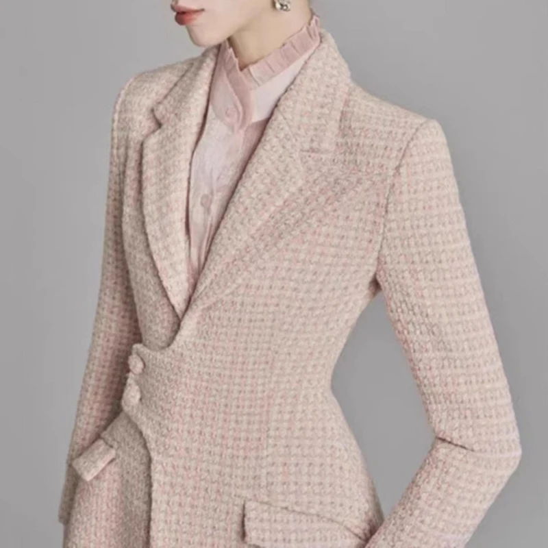 QMQA-Manteau en tweed rose pour femme, coupe-vent amincissant, manches longues, revers, taille haute, élégant, mode, nouveaux vêtements, 1A922, 2025