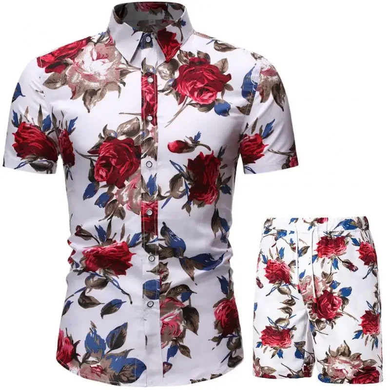 LIBIELIY Summer Set Men Shorts Set Floral Print Hawaiian Shirt And Shorts Beach Wear Holiday Clothes Vocation Outfit Male Two Pi
