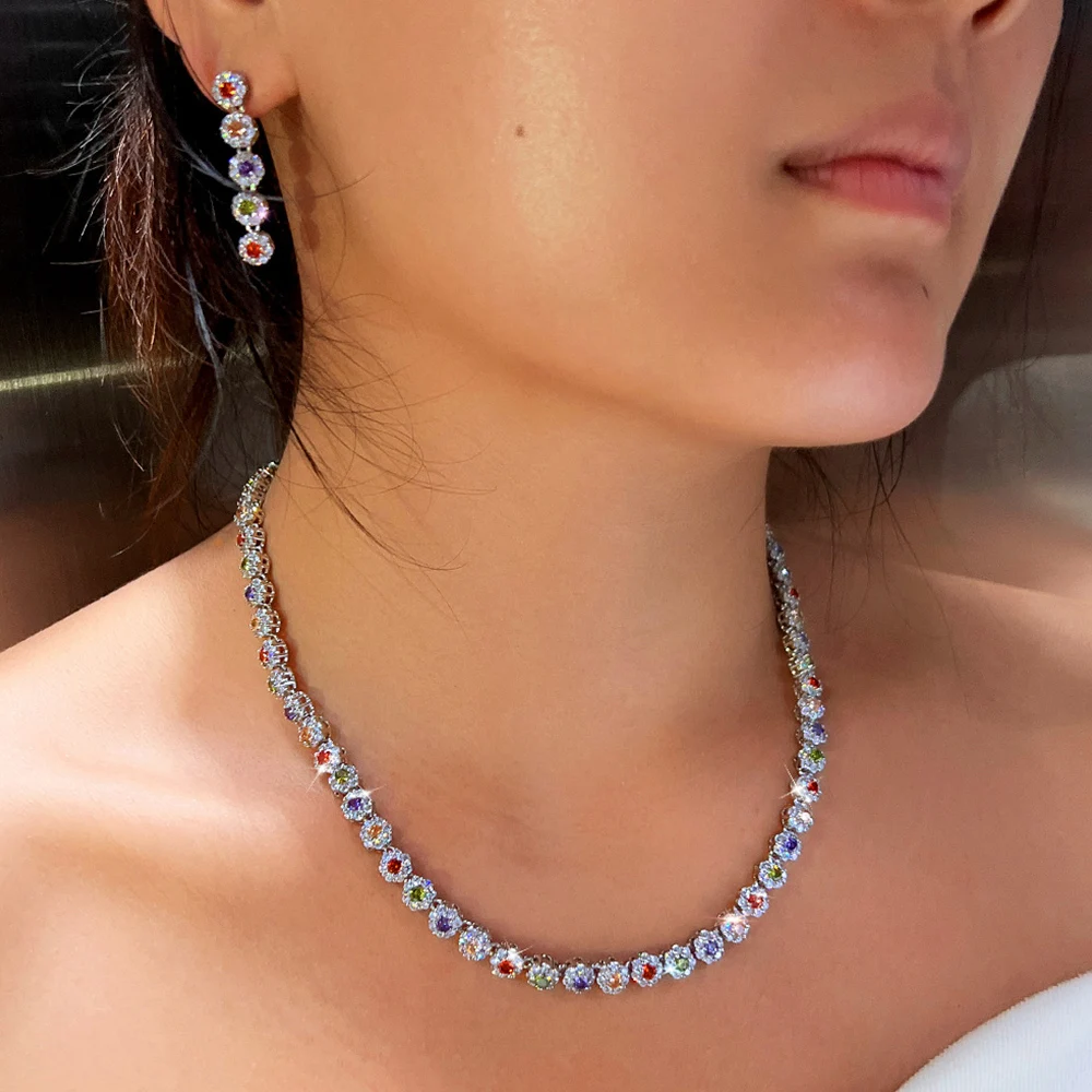 CWWZircons Multi Color Cubic Zirconia Women Wedding Choker Necklace And Earrings Sets Elegant Women Party Costume jewelry T0534